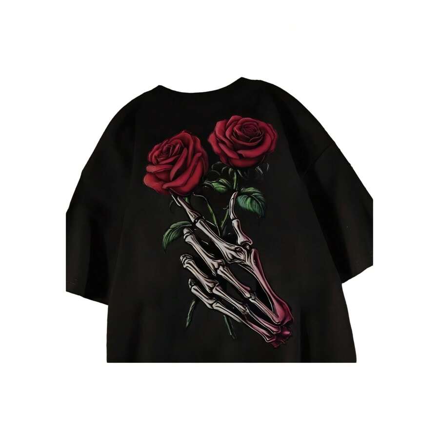 Camiseta negra sexy informal para mujer con estampado de mano de esqueleto y rosa, manga corta, tejido de punto. - Negro - Ver 1