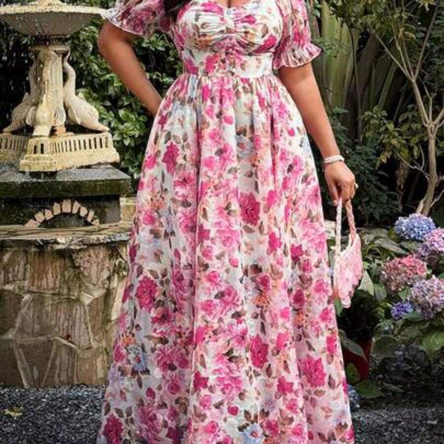 Plus Size Elegant Floral Print Cutout Dress, Spring/Summer - Multicolor - Ver 1