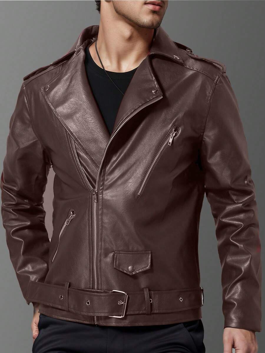 Chaqueta de otoño para hombre estilo punk británico, corte ajustado, solapa, cremallera y corte al bies. - Marrón - Ver 1