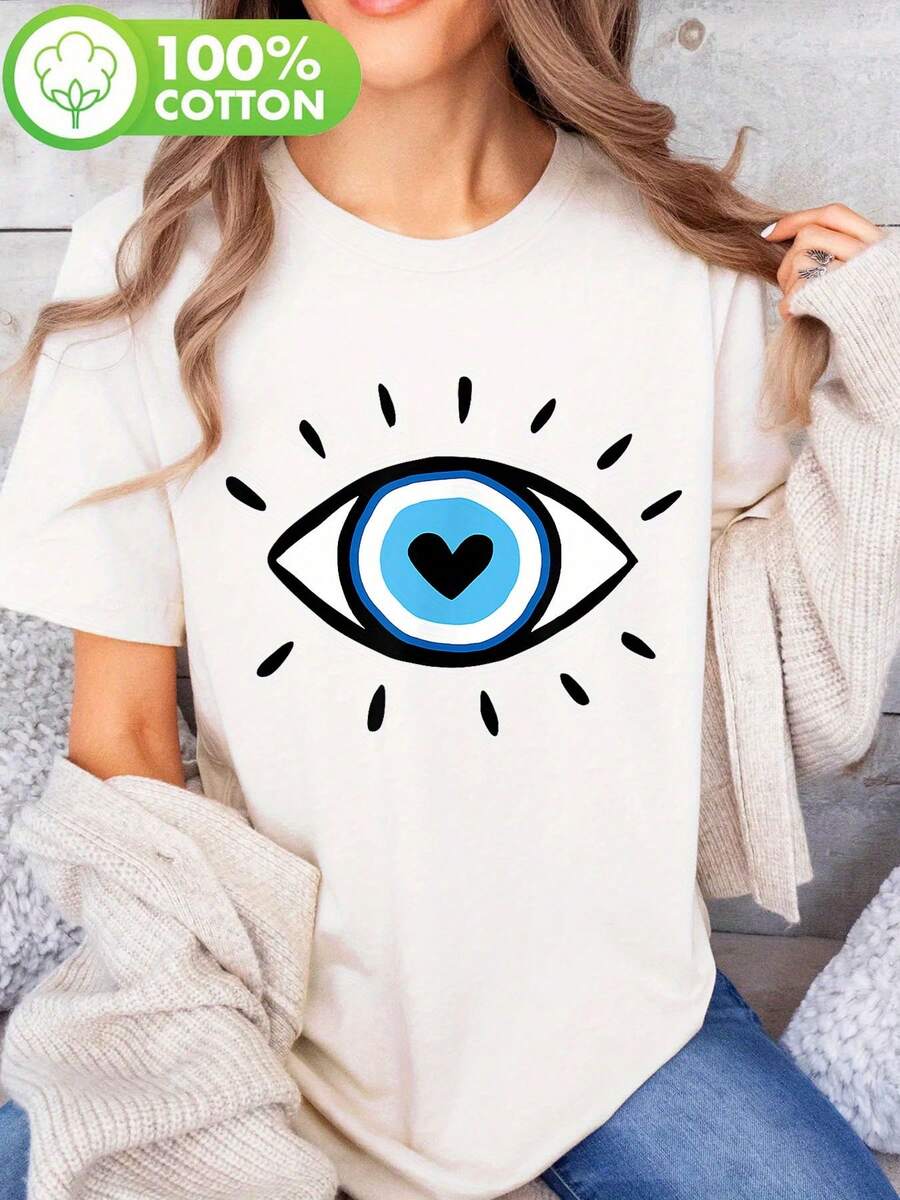 Camiseta de Mujer con Estampado de Ojo Turco |   Beige con Ojos Negros, Cuello Redondo Suave, Top Casual Diario, Ligera, Material Transpirable, Camiseta Estampada, Diseño Moderno, Apta para Todas las Estaciones, Estilo Verano, Amantes de la Moda - Negro - Ver 1
