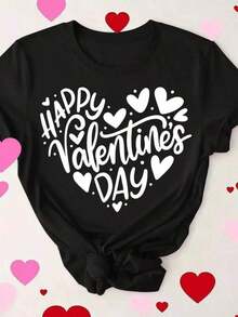 Diseño simple y versátil, camiseta de verano para mujer, casual, de cuello redondo y manga corta, camiseta para mujer, estilo casual para vacaciones, estampado de letras, Día de San Valentín, tela suave, corte holgado, cuello redondo, manga corta, para fiestas de primavera/verano, Día de San Valentín, corazón, estampado de corazones, top, algodón puro, vintage, estilo callejero europeo y americano, casual deportivo, unisex, estilo casual urbano, exquisita camiseta de algodón. - Negro - Ver 1