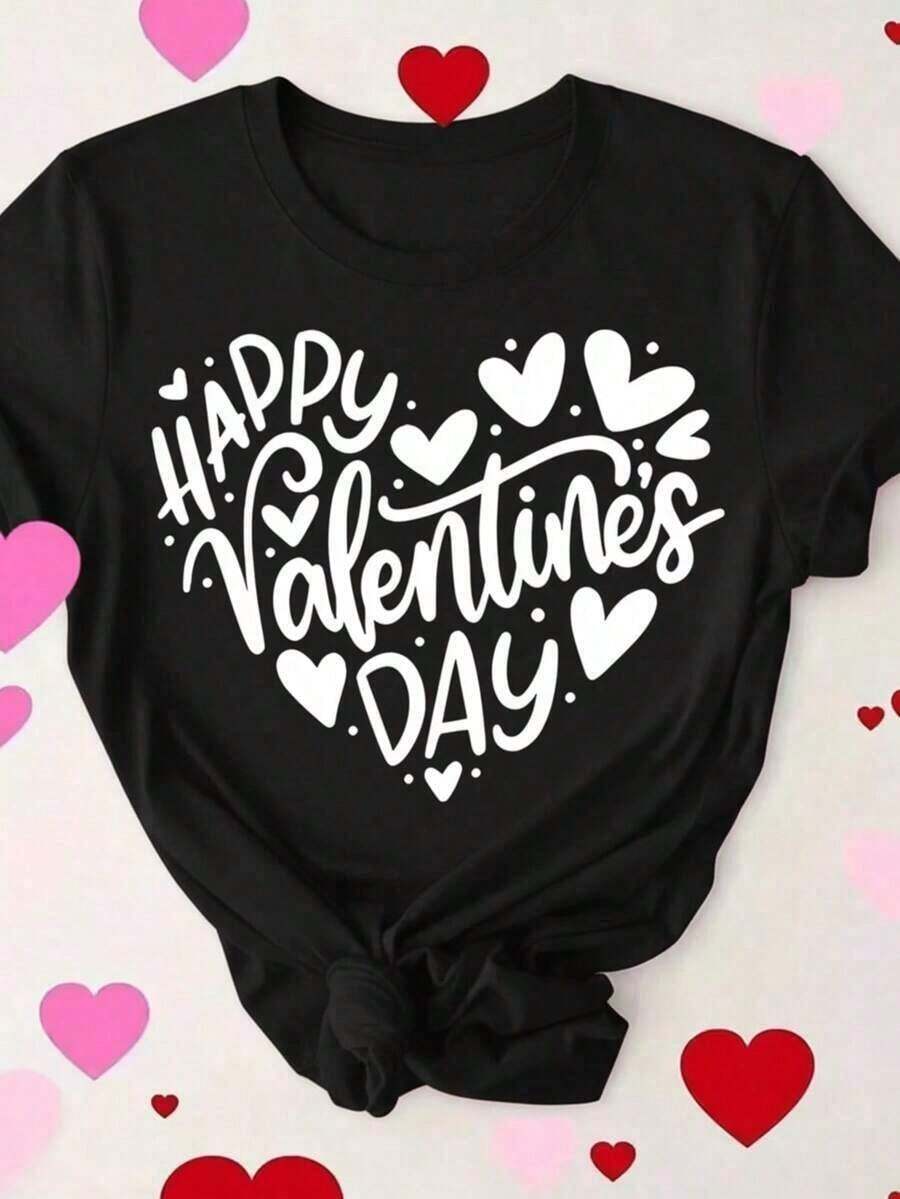 Diseño simple y versátil, camiseta de verano para mujer, casual, de cuello redondo y manga corta, camiseta para mujer, estilo casual para vacaciones, estampado de letras, Día de San Valentín, tela suave, corte holgado, cuello redondo, manga corta, para fiestas de primavera/verano, Día de San Valentín, corazón, estampado de corazones, top, algodón puro, vintage, estilo callejero europeo y americano, casual deportivo, unisex, estilo casual urbano, exquisita camiseta de algodón. - Negro - Ver 1
