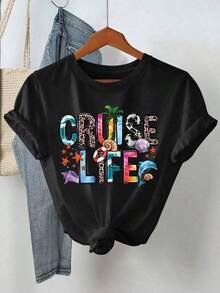 Women's Short-Sleeved T-Shirt With Round Neck And Print, 180g, Breathable, 100% Cotton, Comfortable Casual Top For Women, For Outdoor Activities, Daily Sports, Cool Summer Clothing. - 黑色 2 - 查看 1