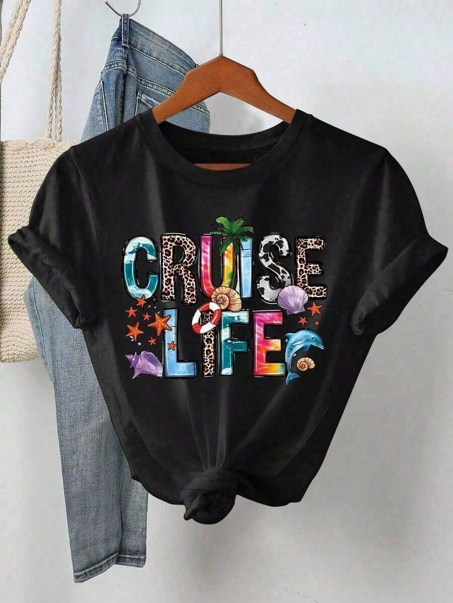 Women's Short-Sleeved T-Shirt With Round Neck And Print, 180g, Breathable, 100% Cotton, Comfortable Casual Top For Women, For Outdoor Activities, Daily Sports, Cool Summer Clothing. - 黑色 2 - 查看 1