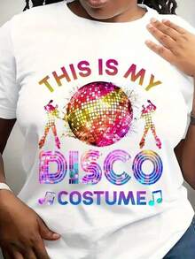 Women's Graphic T-Shirt "This Is My Disco Costume" - Birthday Party Outfit, Retro 70s Disco Theme, Soft, Breathable, Lightweight, Crew Neck, Short Sleeve, Disco And Dance Silhouettes, Machine Washable, Casual Summer Top For Everyday Wear And Themed Events. - 白色 - 查看 2