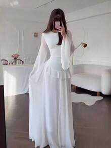 Women's Elegant White Maxi Dress With Flare Long Sleeves And Flounce Hem, Asymmetrical Neckline Fitted Casual Knitted Formal Gown - 白色 - 查看 3