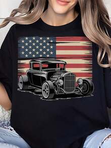 Camiseta Clásica de Hot Rod con Bandera Americana, Diseño Gráfico de Coche Clásico, para Hombres y Mujeres, Camiseta Patriótica de Moda Automotriz de EE. UU., Ropa Casual de Calle - Negro - Ver 7
