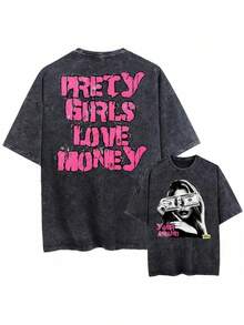 Loose Black T-Shirt With Vintage Wash Effect, Unisex Printed Top,  Double-Sided Y2K Style Print, Large Portrait Pattern, Casual Cotton Short-Sleeved Round Neck T-Shirt For Summer, Vintage Style T-Shirt. - 黑色 - 查看 1