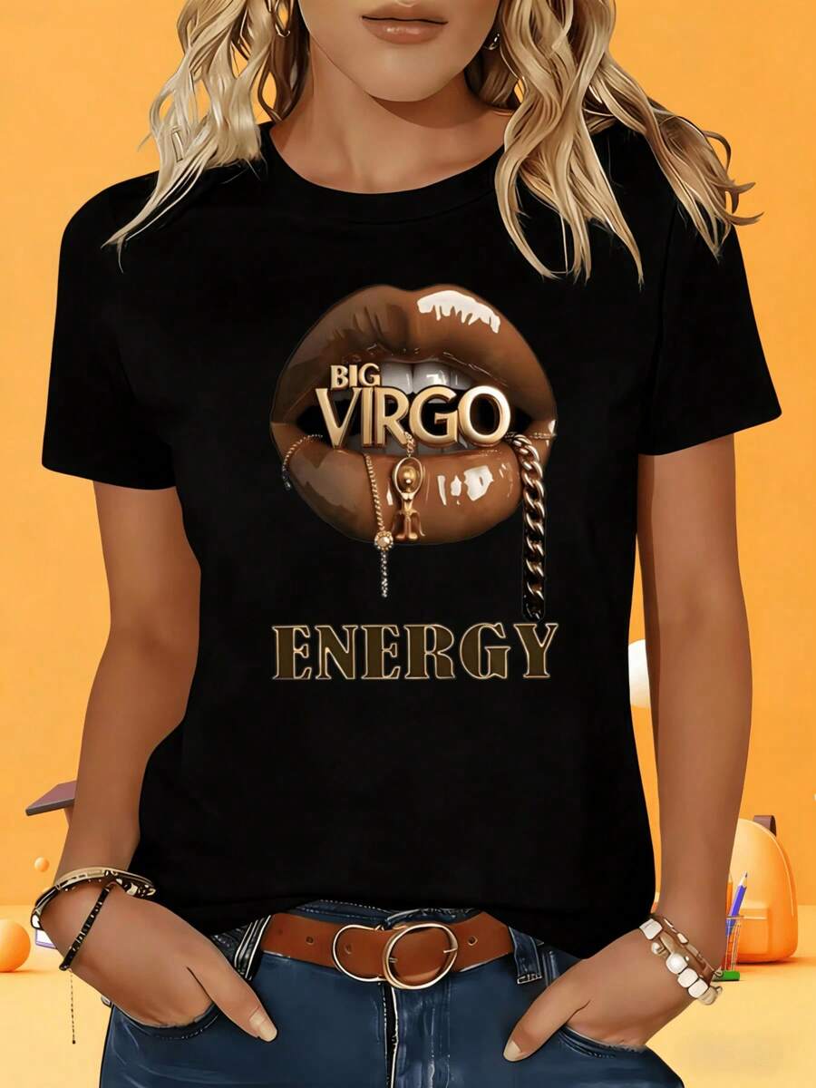 Camiseta de manga corta para mujer Solt blanca y negra, camiseta con estampado de energía de la Virgo, camiseta gráfica de moda para mujer, top con signo zodiacal, ropa casual, regalo para ocio, vacaciones, fiestas al aire libre.gráfico - Negro - Ver 1