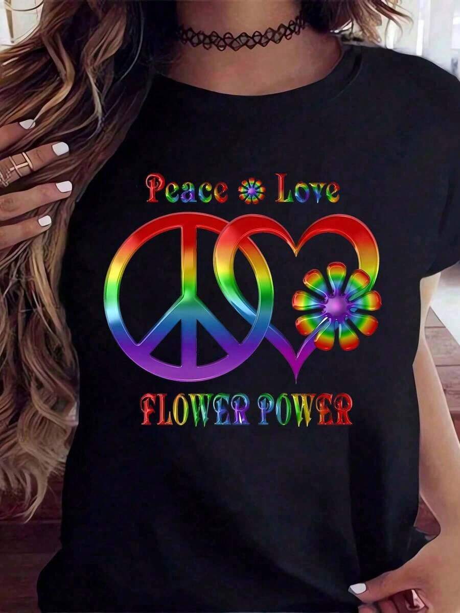 Camiseta Casual para Mujer con Estampado Gráfico de Paz, Amor, Flower Power, Arcoíris, Símbolo de la Paz y Margaritas para Festival Hippie, Ropa de Verano, 220g - Negro - Ver 1