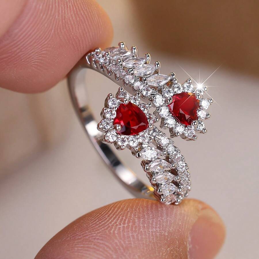 Vanel 1枚时尚个性化戒指,红色心形镶嵌锆石,镂空设计,浪漫时尚日常佩戴饰品 - 銀色-紅色 - 查看 1