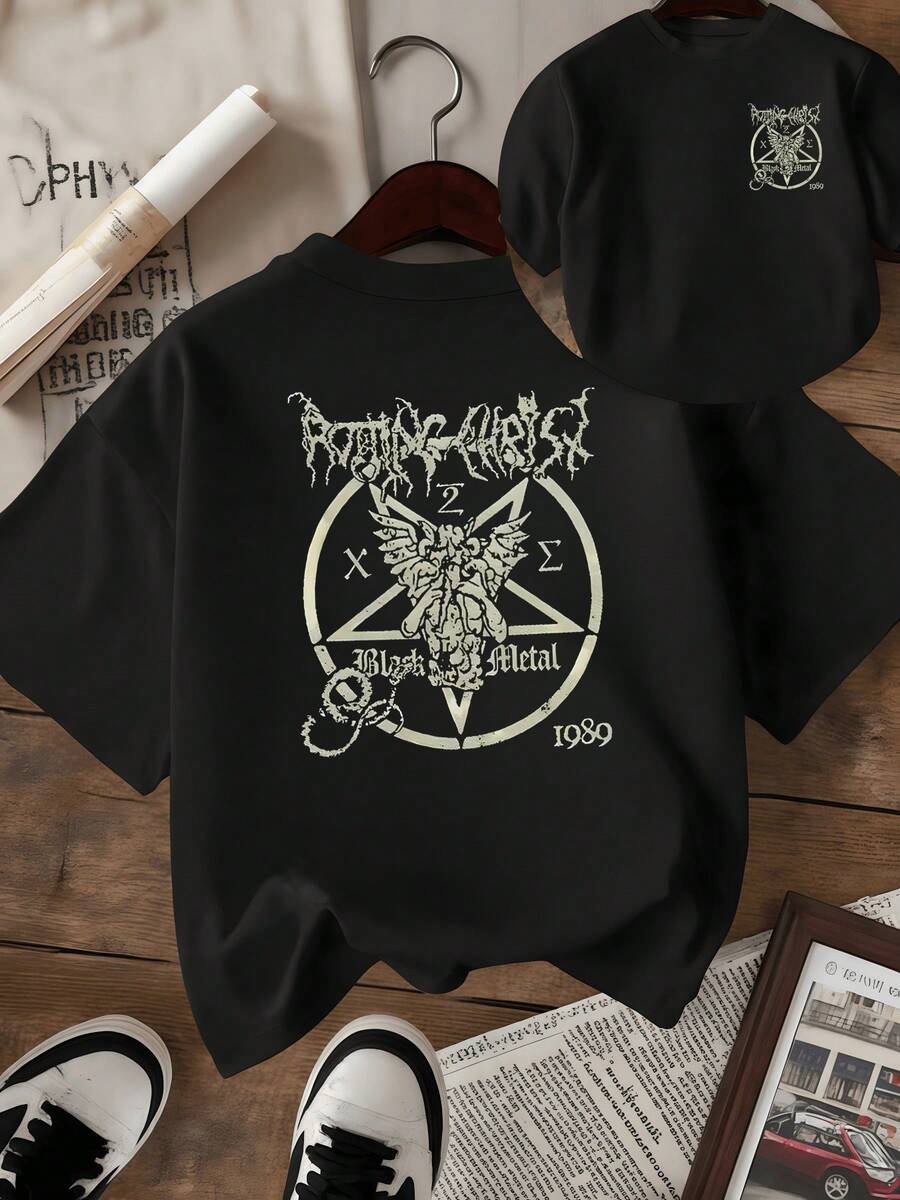 Mystical Symbol With Inverted Pentagram And Winged Figure Representing The Duality Between Darkness And Inner Freedom. Women's T-Shirt With Modern Double Print And Alternative Art. - 黑色 - 查看 1
