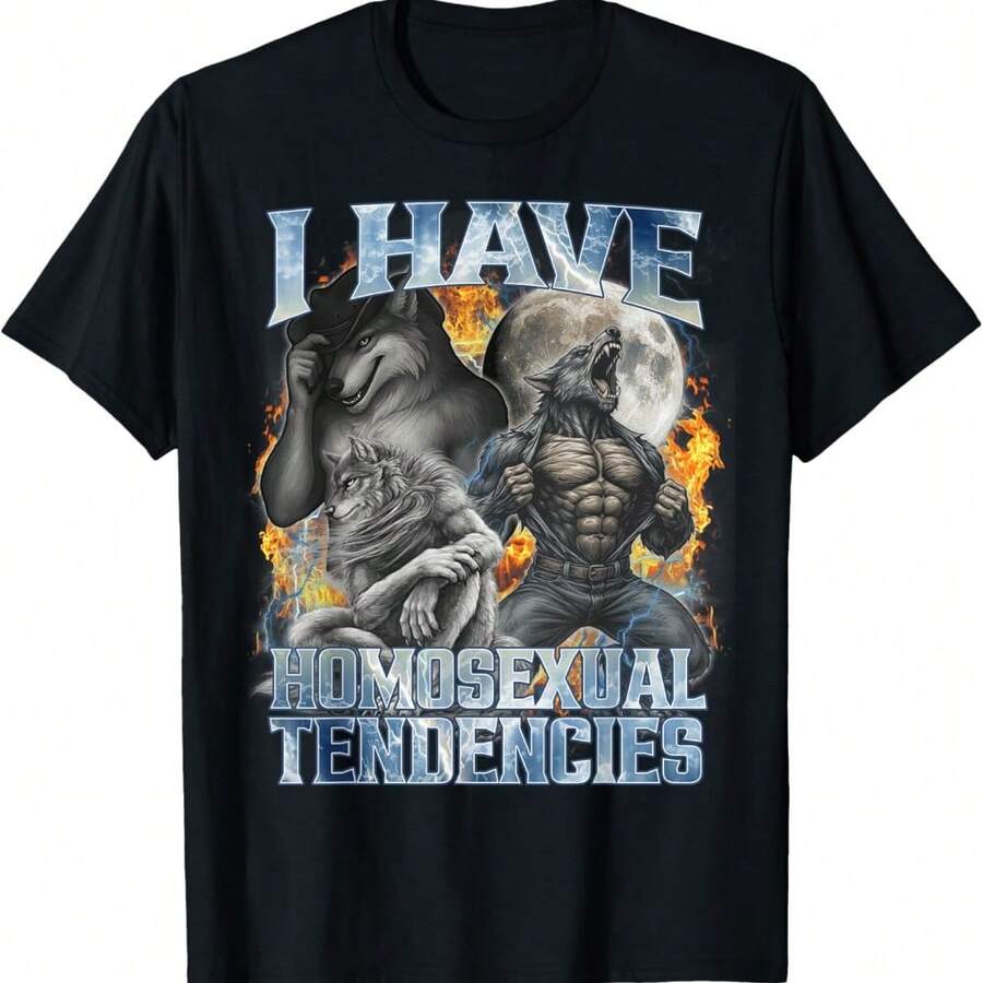 I Have Homosexual Tendencies Gay Funny Werewolf Meme Bootleg T-Shirt - Black - View 1