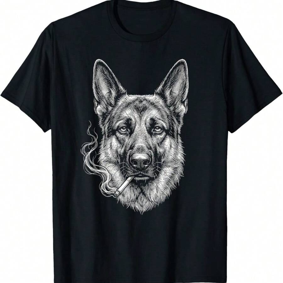 Funny German Shepherd Dog Smoking Cigarette Brainrot Meme T-Shirt - Black - View 1