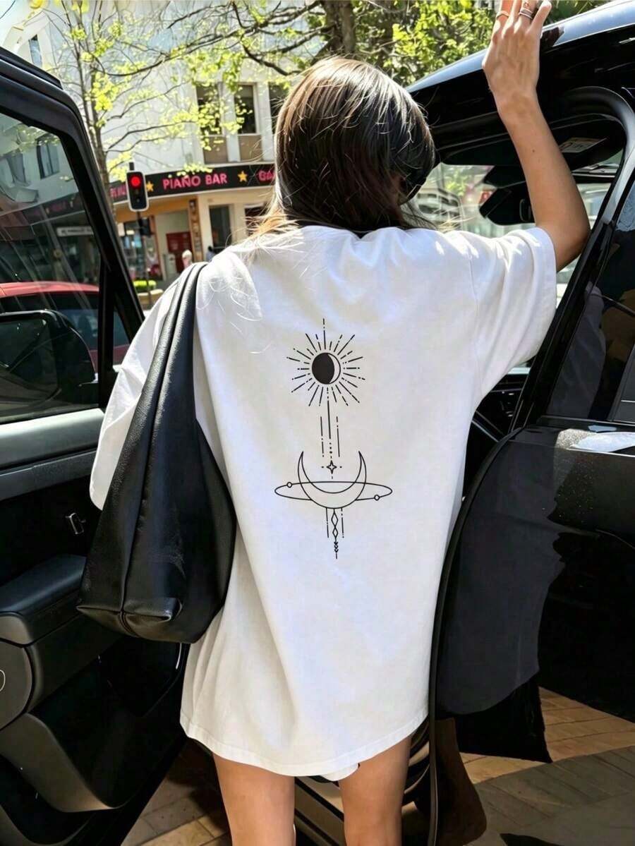 Women's Oversized T-Shirt With Floral Print, Round Neck, Short Sleeve, Casual Design - 黑色 - 查看 1