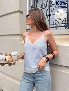 Camiseta de tirantes de mujer con estampado de encaje y parches, ideal para vacaciones de verano - Azul y blanco - Ver 8