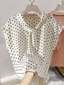 Camisa de mujer con diseño de cuello de corbata de lunares, primavera/verano - Albaricoque - Ver 3