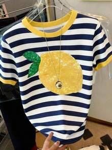 Camiseta casual de mujer de manga corta con cuello redondo y rayas - Multicolor - Ver 1
