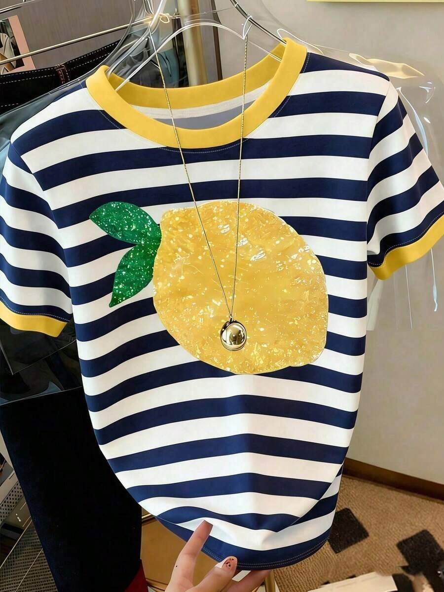 Camiseta casual de mujer de manga corta con cuello redondo y rayas - Multicolor - Ver 1