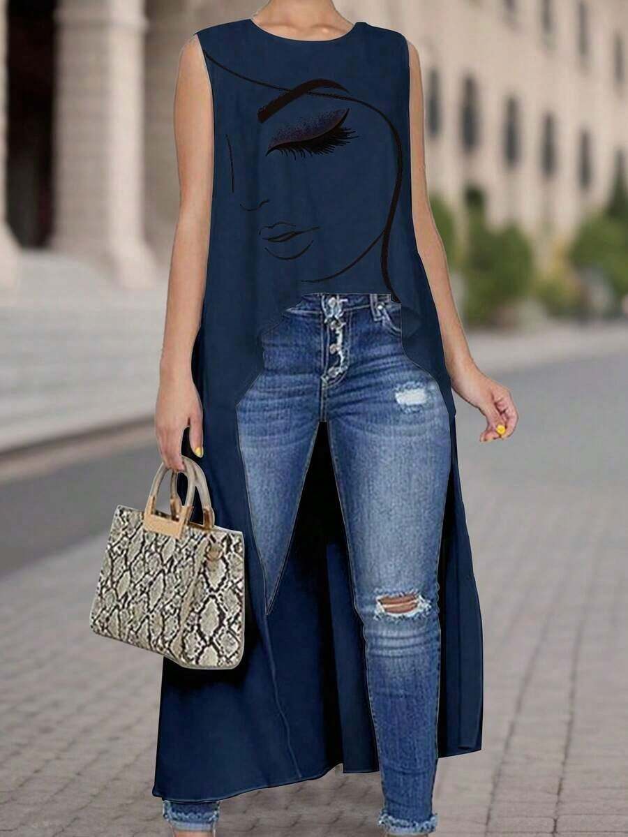 Camisa de mujer sin mangas con estampado de rostro abstracto, corta por delante y larga por detrás, con silueta en línea A - Azul marino - Ver 1