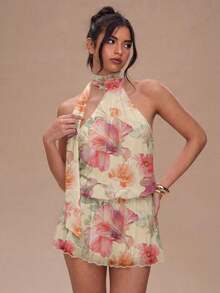 Vestido mini halter casual y sexy con estampado floral tie-dye marrón, estilo corto plisado adecuado para vacaciones y fiestas de primavera/verano - Multicolor 4 - Ver 6
