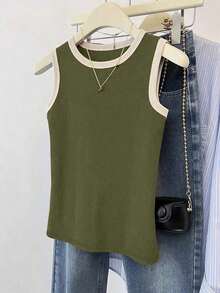 Top de camisola roja con ribetes contrastantes para mujer - Verde militar - Ver 4