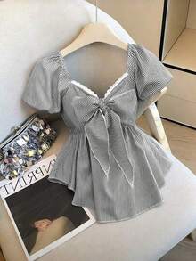 Elenzya Nueva llegada Blusa casual de uso diario para mujer con diseño minimalista, cuello cuadrado, lazo en la cintura y rayas azul francés y blancas - Negro - Ver 3