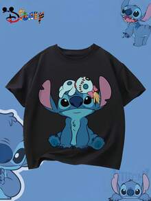 1pc Disney Boys & Girls Kids Lilo & Stitch Stitch T-Shirt - Cute Stitch & Scrump Back Print, Breathable Summer Short Sleeve Tee Suitable For 8-14 Years Boys & Girls, Birthday Outfit, School Uniform, Outdoor Play - Official Kids Apparel - Black - View 3
