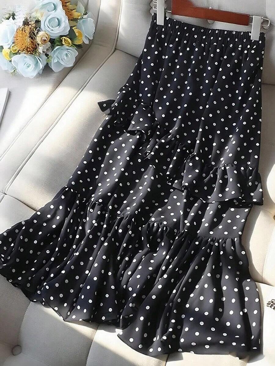 Falda de mujer elegante con pliegues y lunares - Negro - Ver 1