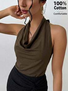 Blusa elegante minimalista con cuello drapeado y lazo delantero para mujeres, color albaricoque - Café integral - Ver 7