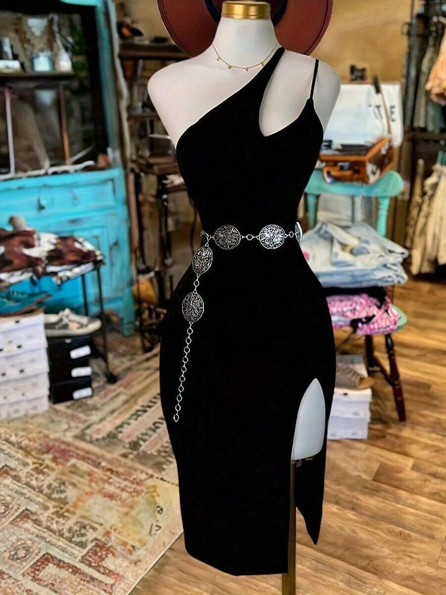 Vestido midi ajustado de unicolor y sexy para mujer - Negro - Ver 1
