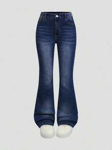 Explorewe Jeans de mezclilla estilo Y2K versátiles lavados y desgastados con pierna acampanada y elásticos para niñas adolescentes - Azul lavado oscuro - Ver 3