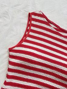 Top ajustada de punto con cuello asimétrico a rayas rojas y blancas, adecuada para vacaciones, fiesta, Navidad, cita, playa, crucero, carnaval, verano - Rojo y blanco - Ver 4