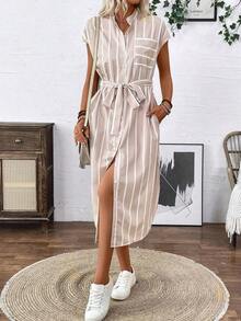 Vestido largo de manga corta para verano 2025, nuevo, con bolsillo, abertura lateral, cinturón y lazo, estampado de leopardo, para uso casual y de viaje - Albaricoque - Ver 5