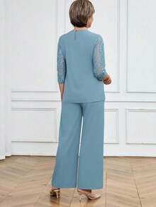 Conjunto de 2 piezas de top de manga larga y pantalones con empalme de malla bordada con lentejuelas de unicolor elegante para mujer, conjunto informal azul para primavera y verano - Celeste - Ver 3