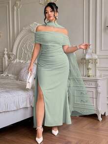 Vestido largo de fiesta elegante y ajustado con hombros descubiertos y abertura para mujer de talla grande, ideal para fiestas navideñas y ocasiones formales.Disponible en azul marino. - verde menta - Ver 8