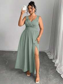 Elenzya Vestido línea A con cuello en V, contraste de encaje, tirantes finos y abertura para tallas grandes - verde menta 2 - Ver 7