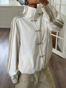 Chaqueta ligera con cremallera, cuello alto, contraste de rayas laterales y botones para mujer, estilo deportivo casual de moda para primavera/otoño - Beis - Ver 6