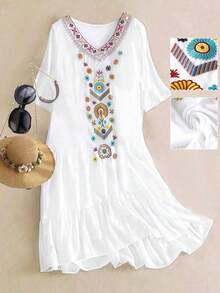 Vestido casual de manga corta con bordado para mujer talla grande, adecuado para ocio y vacaciones - Blanco - Ver 6