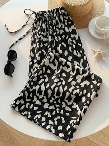 Pantalones Largos Para Mujer Con Estampado De Leopardo Y Cordón De Ajuste - Negro - Ver 5