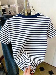 Camiseta de mujer de manga corta con cuello redondo, estampado de rayas y cara sonriente de dibujos animados, versátil para uso diario - Multicolor - Ver 2