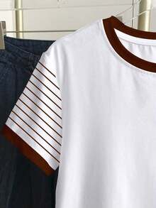 Camiseta de mujer de manga corta con cuello redondo, bloque de color, bordado de corazón a rayas y versátil - Blanco 7 - Ver 4