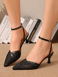 Fashionable Elegant Floral Embroidery Mesh Pointed Toe High Heels - Black - View 3