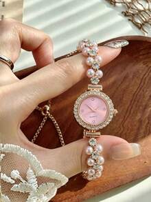 1pc Teen Girl Pearl & Rhinestone Decor Quartz Watch, No Gift Box, 1pc, Adjustable Bracelet Band, Perfect For Back To School, Summer Vacation And Daily Wear - Multicolor - View 9