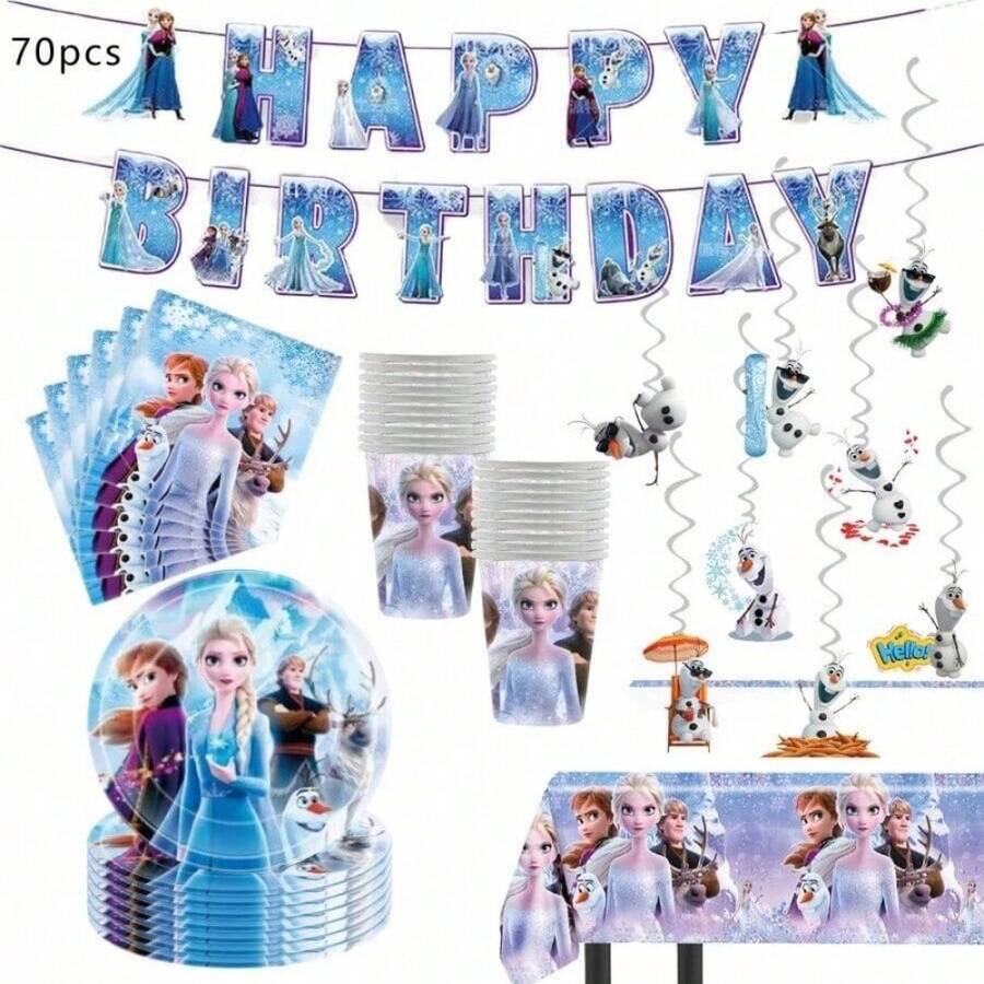 冰雪公主主題生日派對套裝,包含橫幅、懸掛旋轉飾品、一次性餐具、桌布,適用於生日派對、冬季主題派對裝飾、單身女性派對用品 - 卡通餐具 - 查看 1