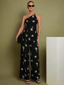 Set de 2 piezas de Top con hombros y pantalones a lunares para mujer, uso casual minimalista de todos los días - Negro - Ver 7