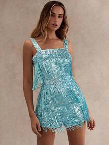 Mono corto con lentejuelas, flecos, tirantes gruesos y hombros descubiertos, espalda al descubierto, para salir de fiesta, con brillo, para fiestas de cóctel, sexy y glamoroso, para fiestas y vacaciones - Azul - Ver 3