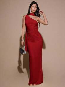 Vestido de malla ajustado con drapeado asimétrico, elegante y sexy vestido de gala para fiesta, boda, cumpleaños, Navidad, Halloween - Amarillo claro - Rojo - Ver 4
