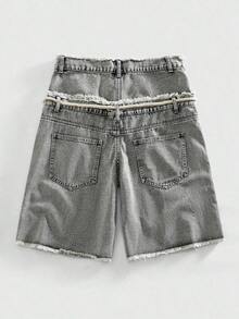 ROMWE MEN Street Life Pantalones cortos de mezclilla con doble cintura y bordado para hombres - Gris Claro - Ver 2
