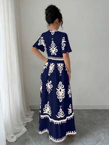 Vestido largo con mangas cortas, cintura fruncida y cinturón con estampado floral para mujeres - Multicolor - Ver 2